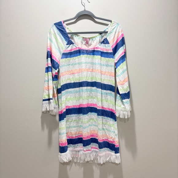 Lilly Pulitzer Getaway Multicolor Striped Fringe Swim Coverup Off The Shoulder M